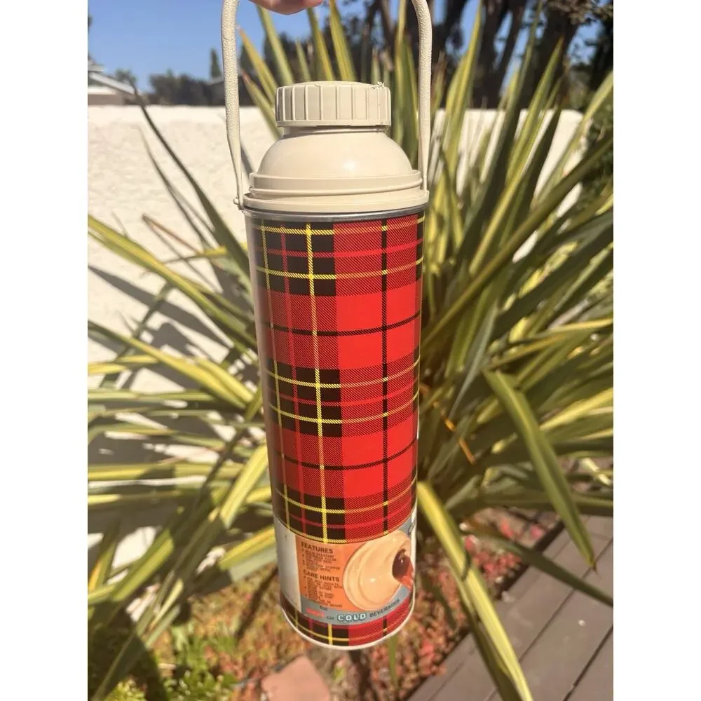 Vintage Thermos Metal Plaid Vacuum Flask Red Black NOP Collectible